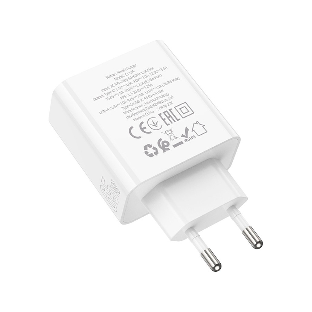 Зарядний пристрій HOCO C113A Awesome 1xUSB-C PD65W + 1xUSB QC3.0 White (6931474790910)
