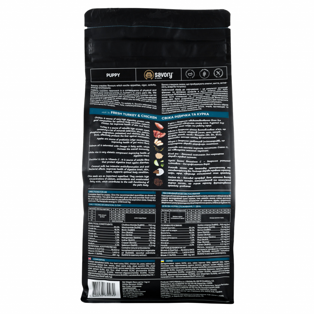Сухий корм для собак Savory Puppy rich in Fresh Turkey and Chicken 1 кг (4820232630280)
