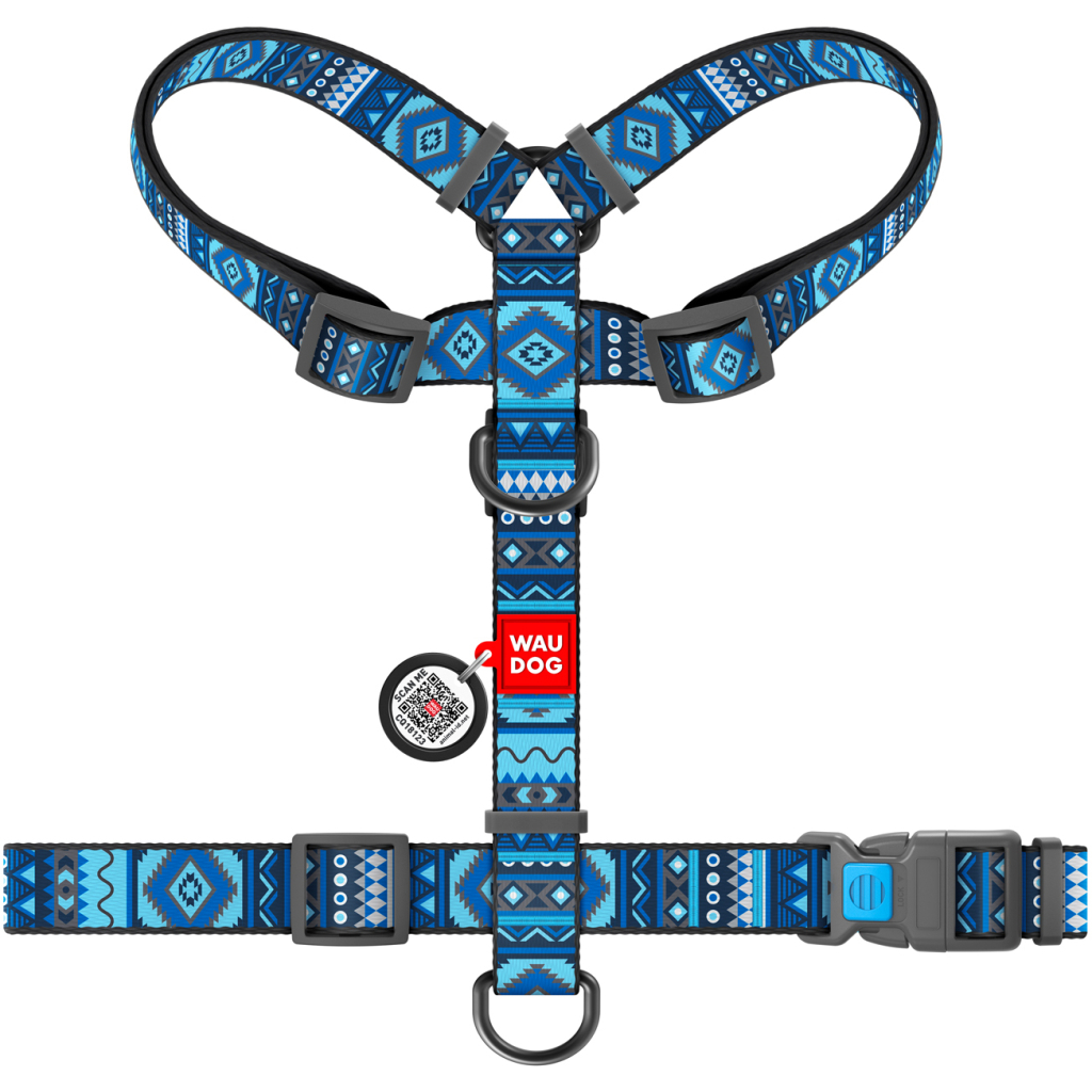 Шлея для собак WAUDOG Nylon з QR паспортом анатомічна H-подібна "Етно синій" S (5618)