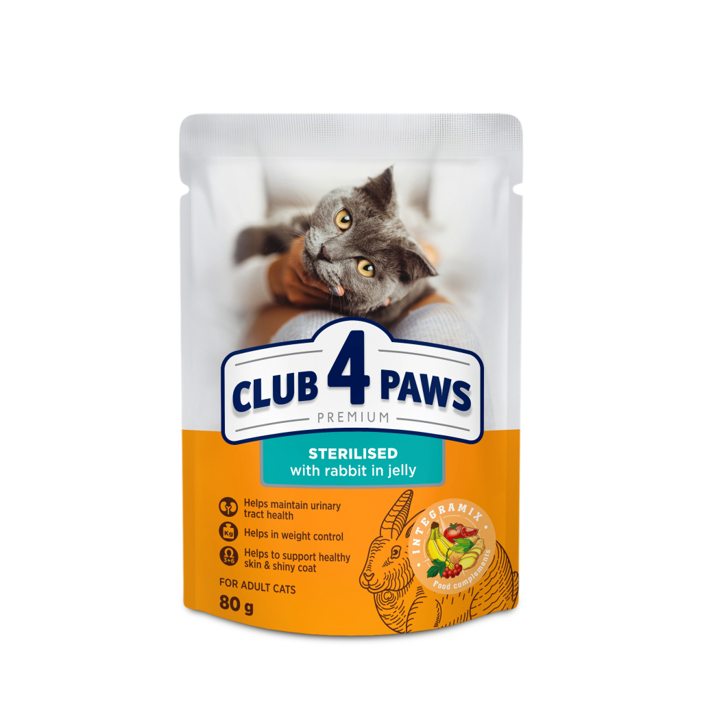 Вологий корм для кішок Club 4 Paws для стерилізованих з кроликом в желе 80 г (4820215367578)