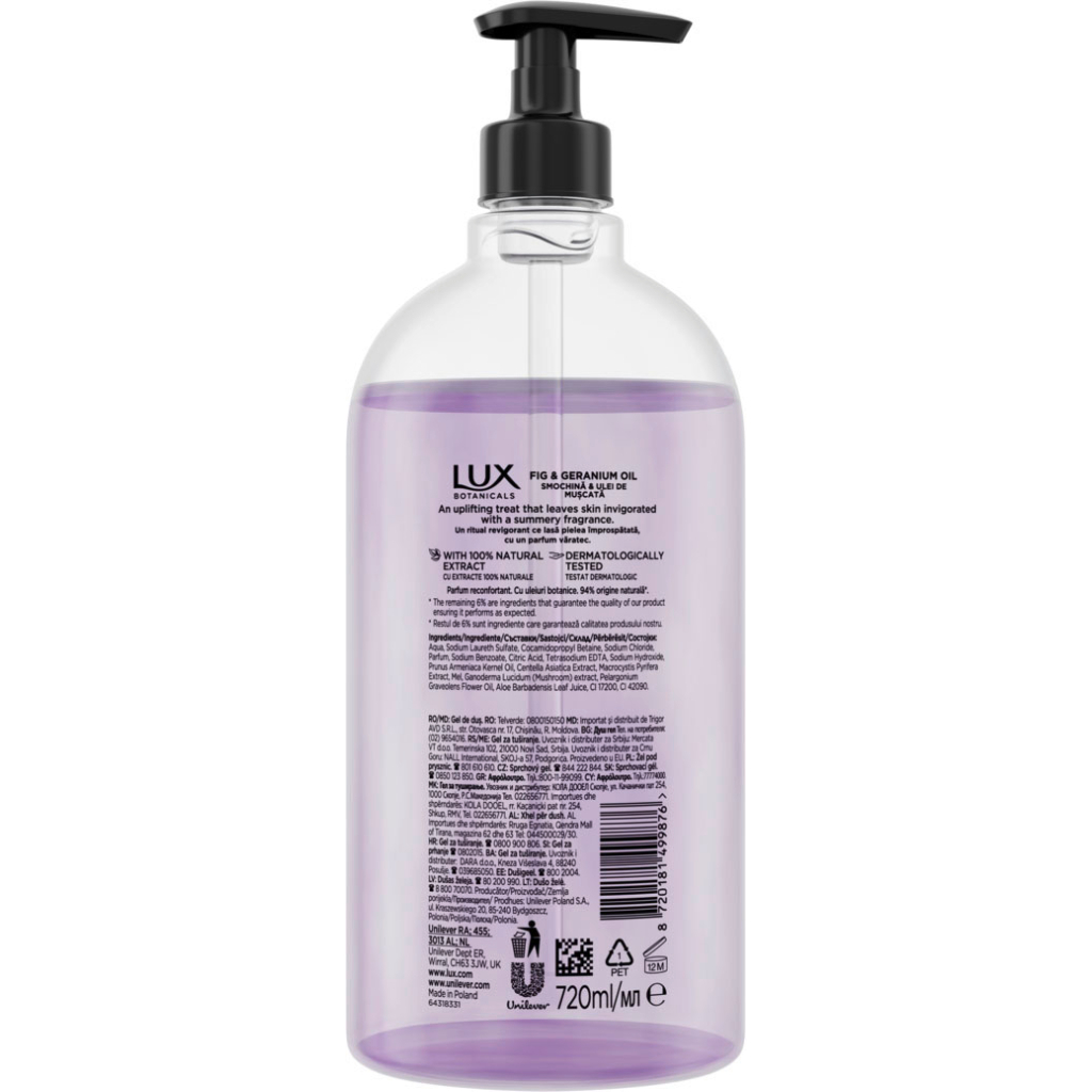Гель для душу Lux Botanicals Інжир та олія герані 720 мл (8720181499876)