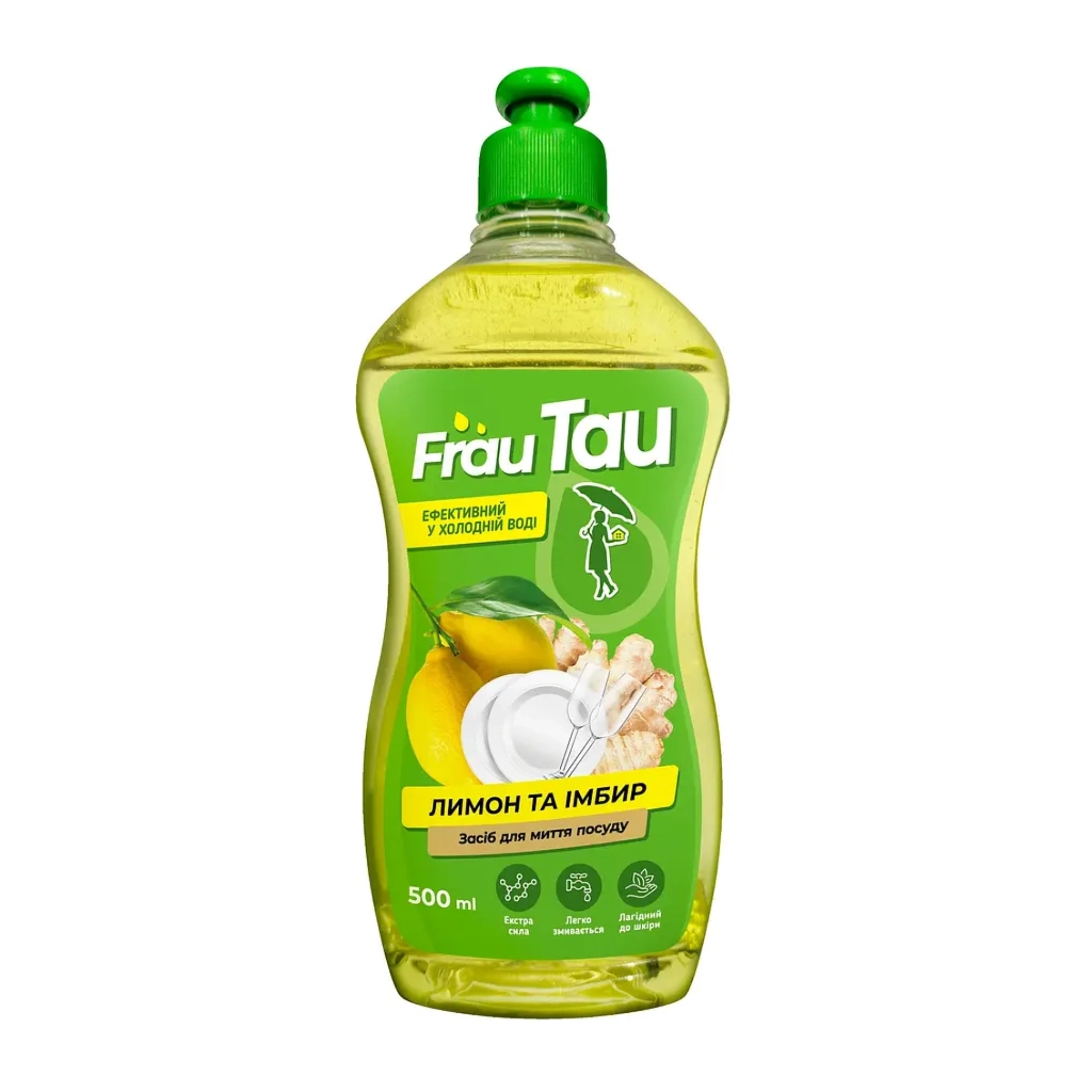 Набір побутової хімії Frau Tau Засіб для миття посуду Лимон та імбир 500 мл + Губки кухонні Великі бульбашки 6 шт. (4820115386518)