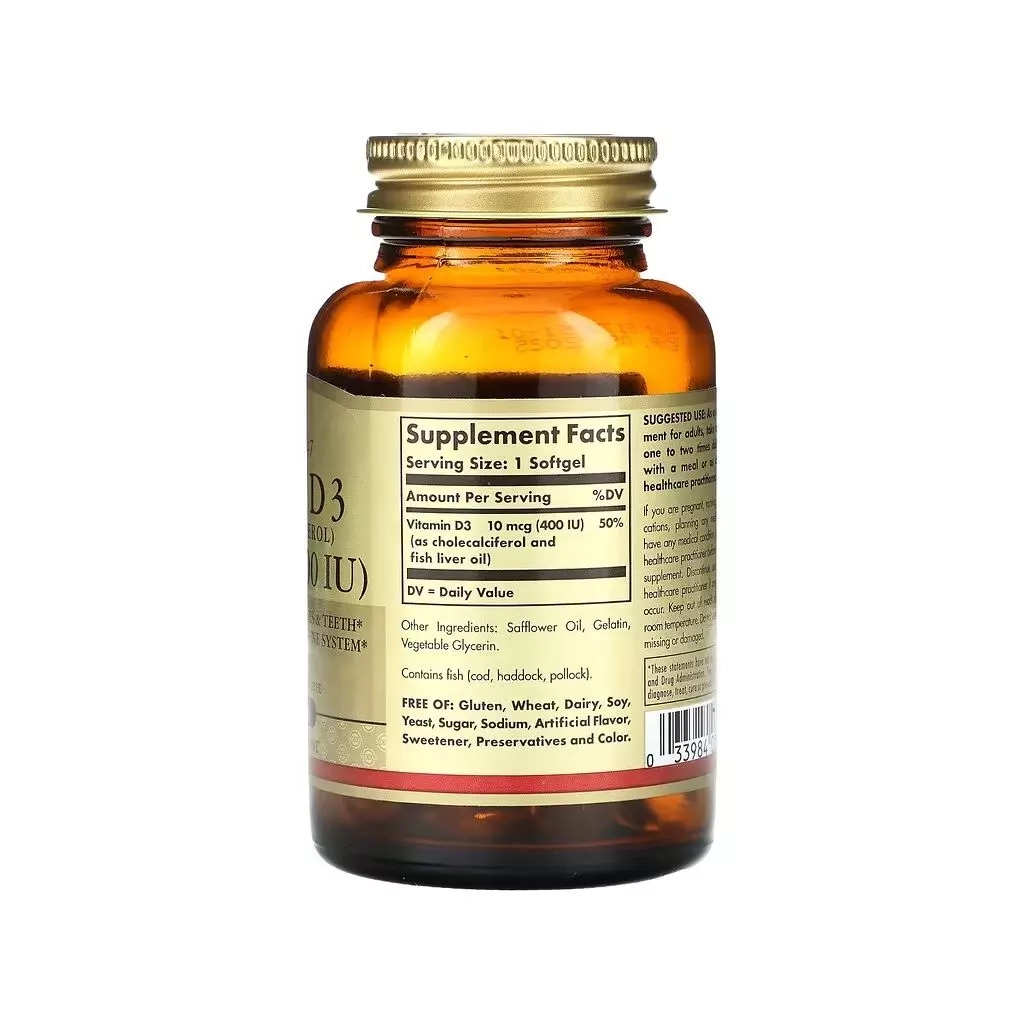 Вітамінно-мінеральний комплекс Solgar Вітамін D3, 10 мкг (400 МО), Vitamin D3 (Cholecalciferol), 240 гелевих капс (SOL-03320)