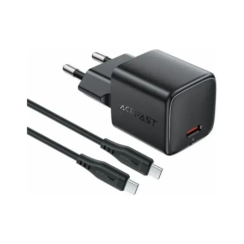 Зарядний пристрій Acefast USB-C PD20W GaN + cable USB-C to USB-C black (6974316286509)