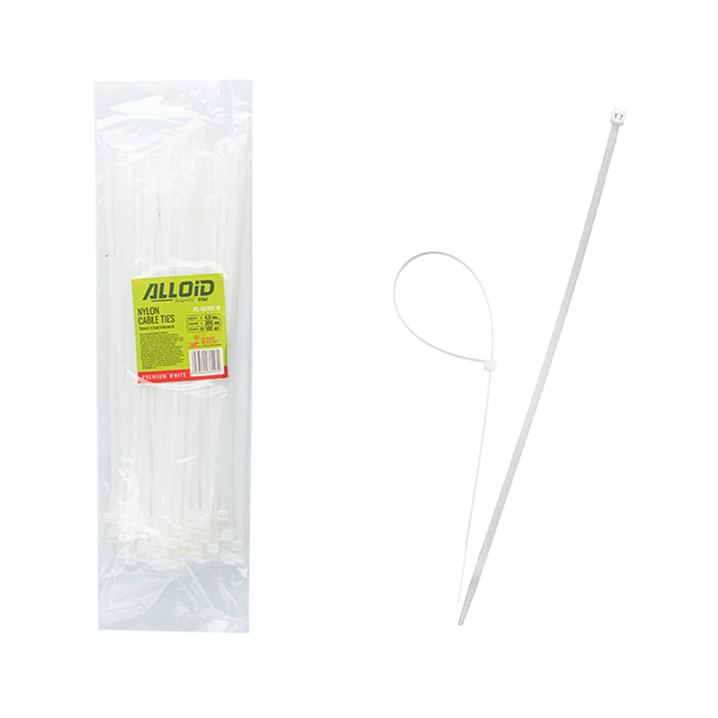 Стяжка Alloid 4.8х300мм, пластик, 100шт./уп., білий (PC-48300W) Стяжка Alloid 4.8х300мм, пластик, 100шт./уп., білий (PC-48300W)