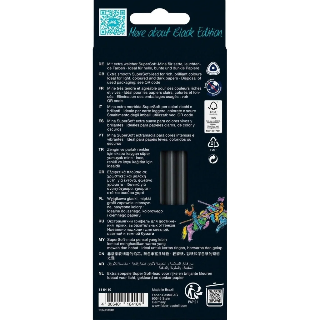 Олівці кольорові Faber-Castell Black Edition colour pencils Neon + Pastel, тригранні. чорне дерево, 12 кольорів (116410) (32083)