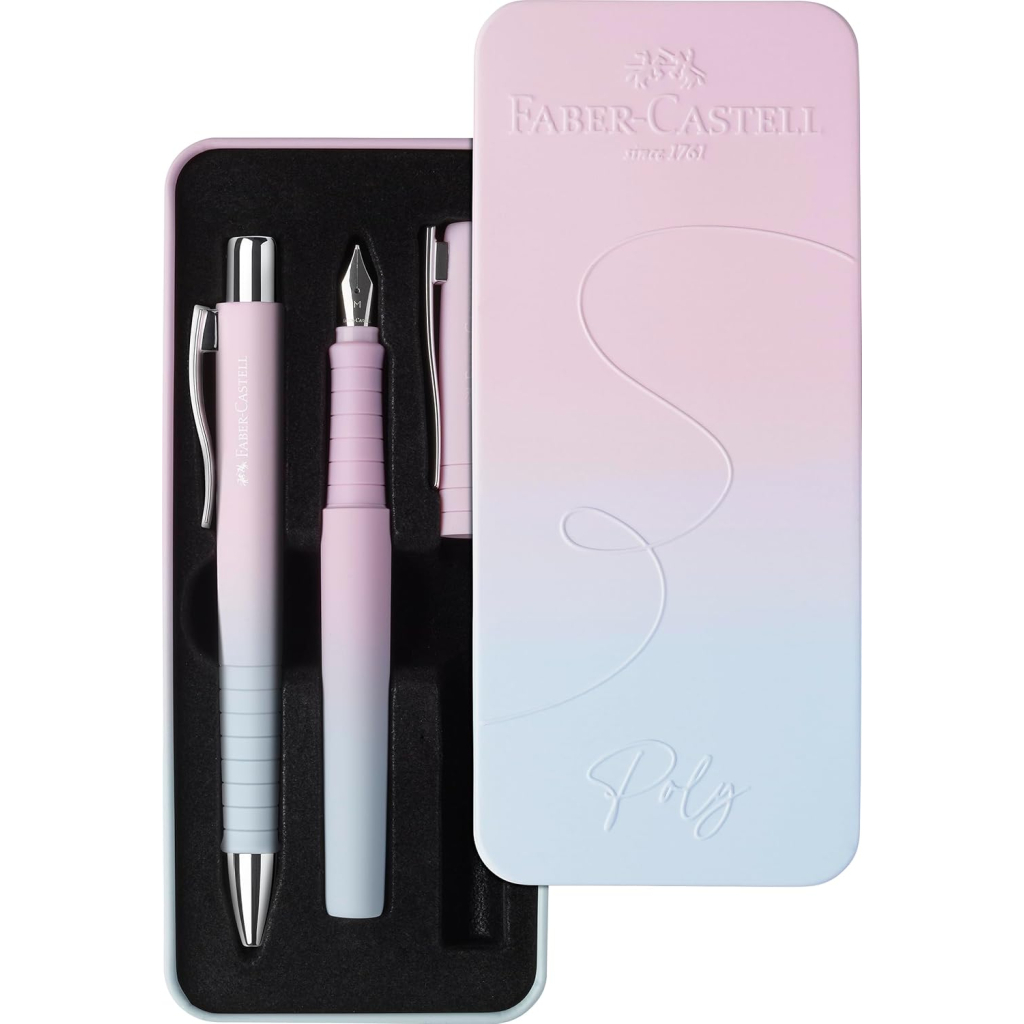 Ручка кулькова Faber-Castell набір ручок POLY Ball Set в металевому пеналі (перо М + кульк. ручка), колір корпусу рожево-блак (33116)