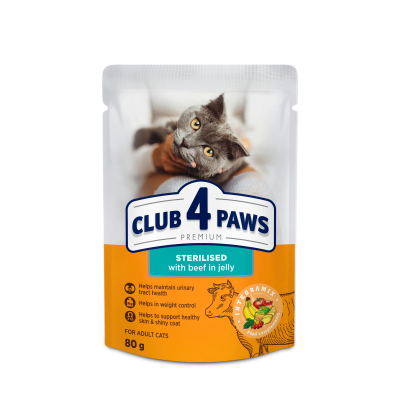 Вологий корм для кішок Club 4 Paws для стерилізованих з яловичиною в желе 80 г (4820215367585)