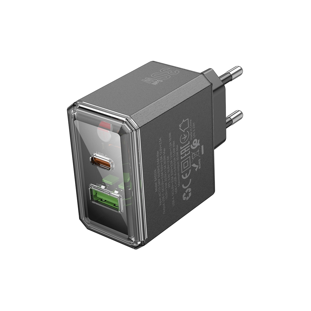 Зарядний пристрій BOROFONE BAS32A Treasure 1xUSB-C PD30W + 1xUSB QC3.0 Black (6941991110641)