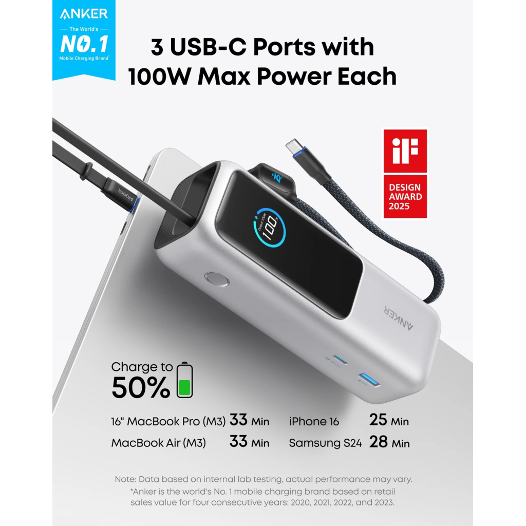 Повербанк Anker 25000mAh, 165W, PD/3/0, QC/3/0, Built-In Double USB-C Cables, silver (A1695H41) Повербанк Anker 25000mAh, 165W, PD/3/0, QC/3/0, Built-In Double USB-C Cables, silver (A1695H41)