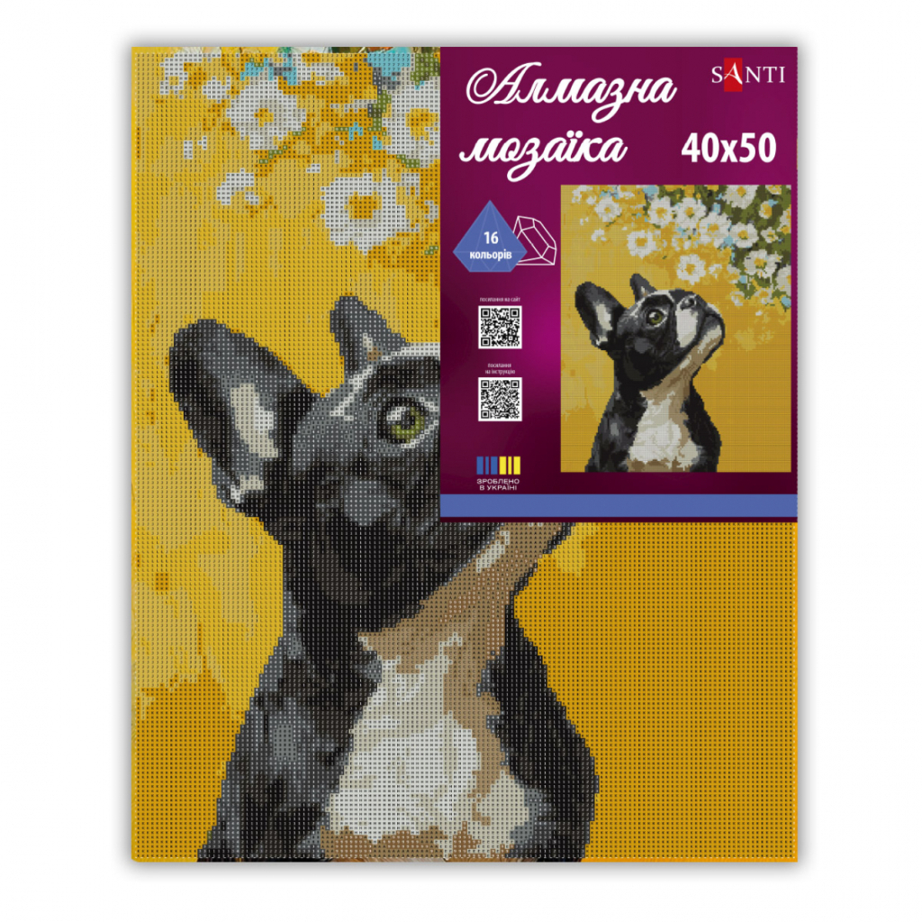 Картина по номерам Santi алмазна мозаїка Бульдог і квіти 40х50 см на підрамник (956048)