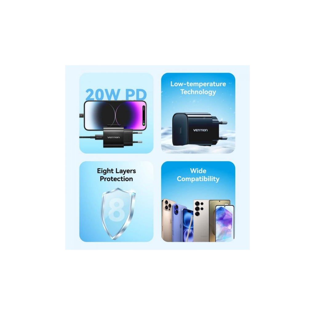 Зарядний пристрій Vention 1xUSB-C PD20W + cable USB-C to USB-C black (G16B0-EU)