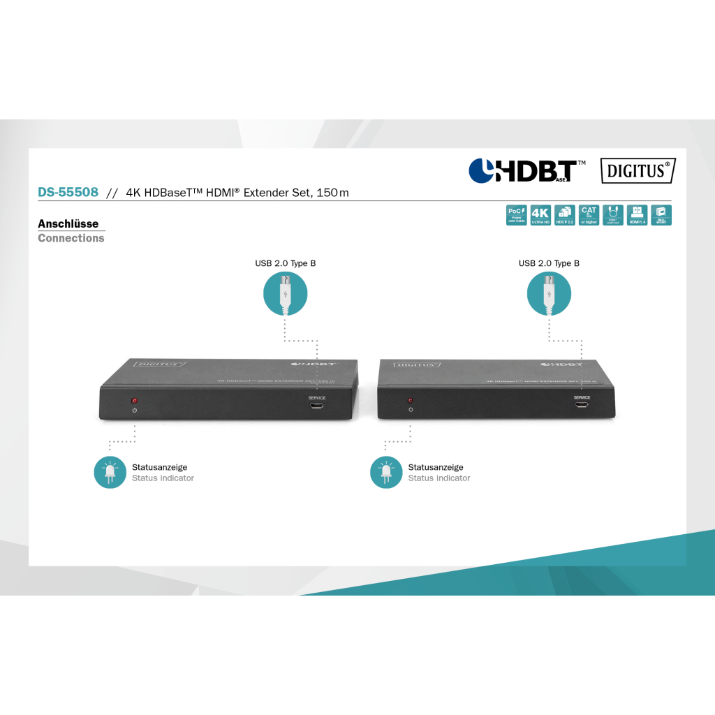 Адаптер HDMI extender 120m 4K/60Hz 150m Full HD 1080p CAT6A/7/8 Digitus (DS-55508)