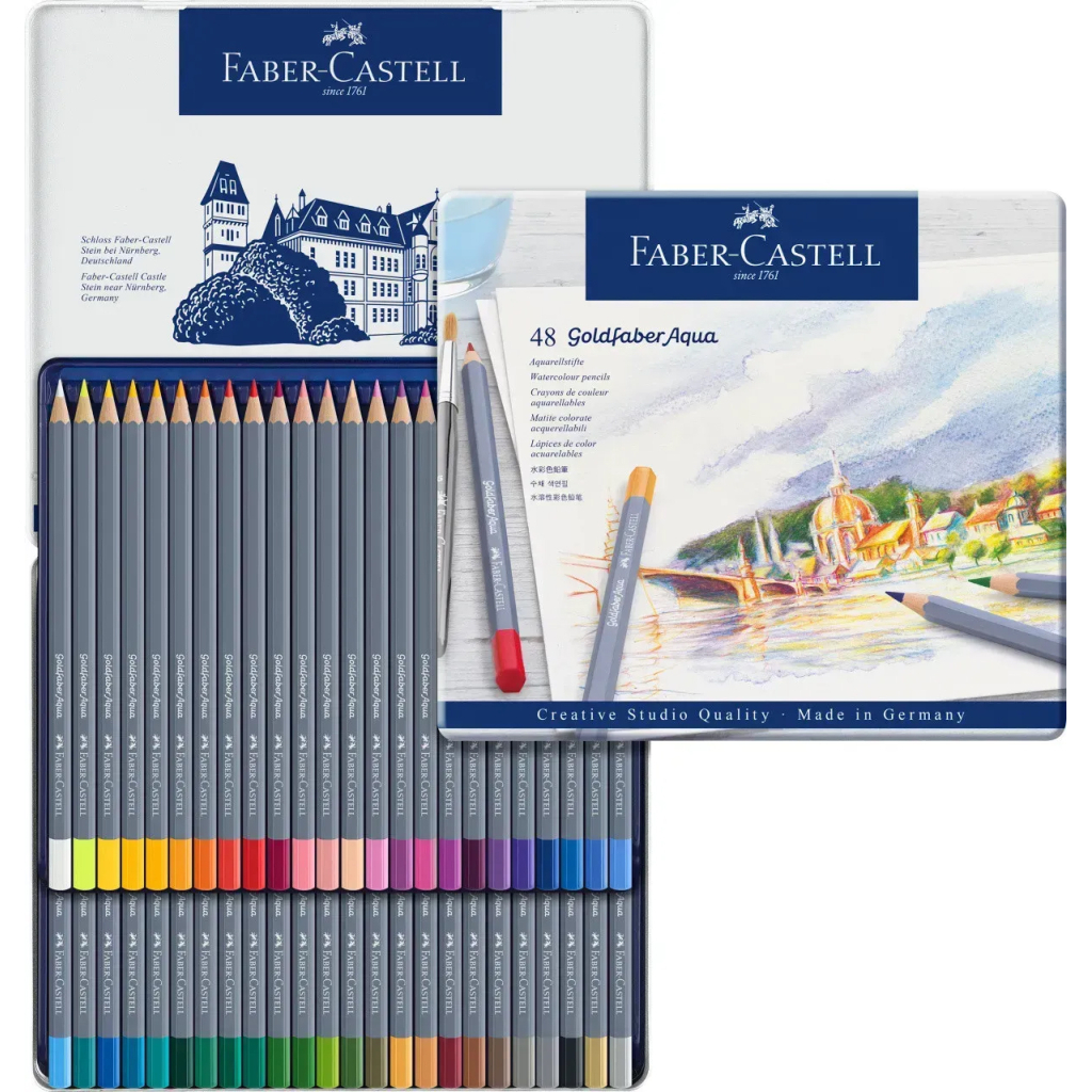 Олівці кольорові Faber-Castell Goldfaber Aqua акварельні, в металевій коробці, 48 кольорів, 114648 (27639) Олівці кольорові Faber-Castell Goldfaber Aqua акварельні, в металевій коробці, 48 кольорів, 114648 (27639)