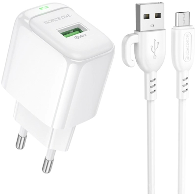 Зарядний пристрій BOROFONE BAS42A Potential USB QC3.0 + cable USB to Micro 5P White (6941991113796)