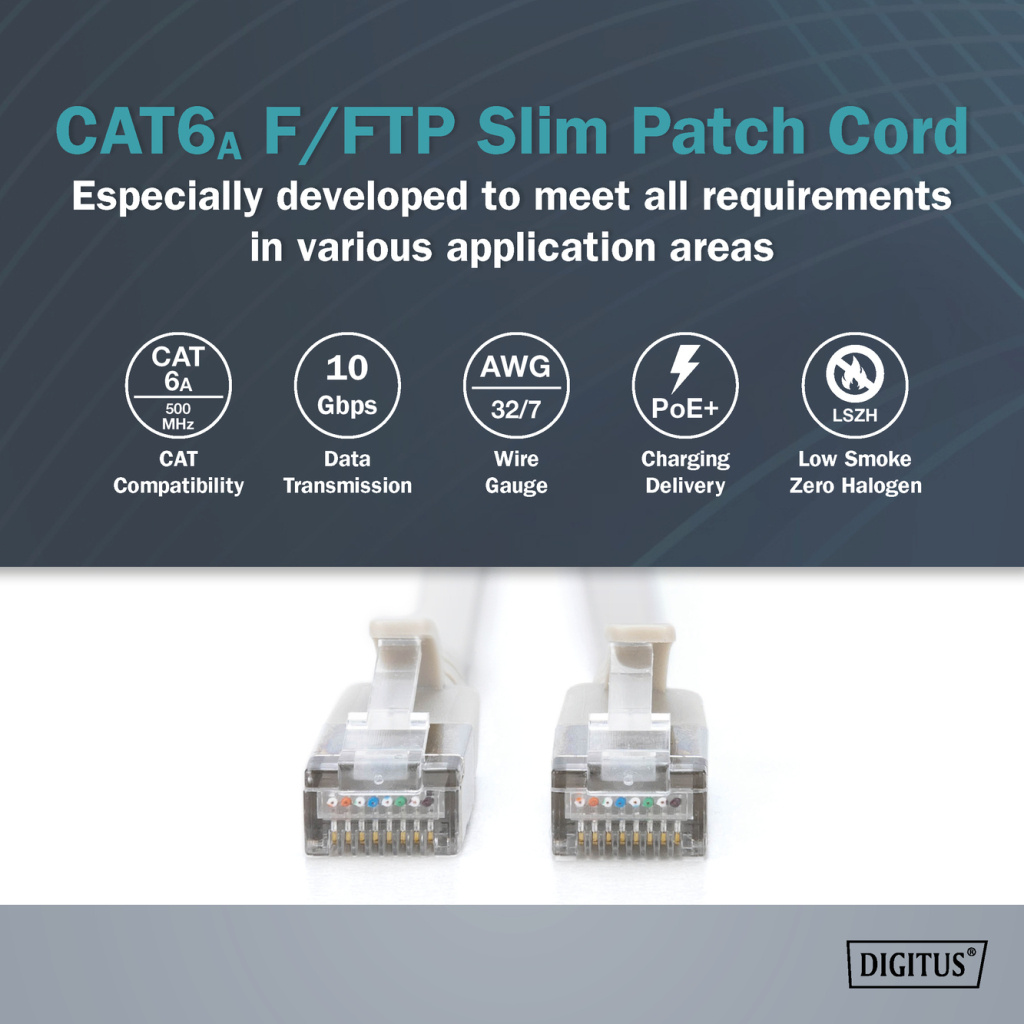 Патч-корд 10м, FTP, cat.6A, Sliim, AWG 32/7, Cu, LSZH, grey Digitus (DK-1632-A-100S) Патч-корд 10м, FTP, cat.6A, Sliim, AWG 32/7, Cu, LSZH, grey Digitus (DK-1632-A-100S)