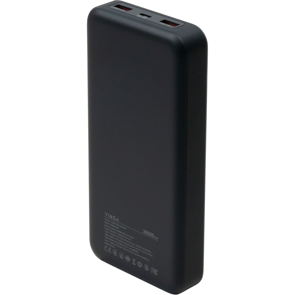 Батарея універсальна Vinga 30000 mAh 100W Display VA Grey (Li-Ion) (VPBB30100)