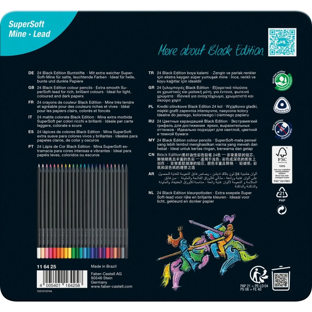 Олівці кольорові Faber-Castell Black Edition colour pencils 24 кольора тригранні чорне дерево, металева коробка (116425) (32086)