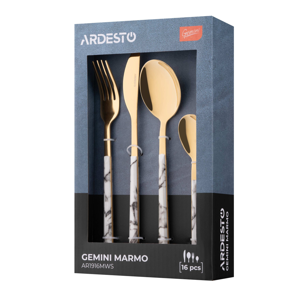 Набір столових приборів Ardesto Gemini Marmo, 16 приборів, нержавіюча сталь, пластик, золотисто-білий (AR1916MWS)