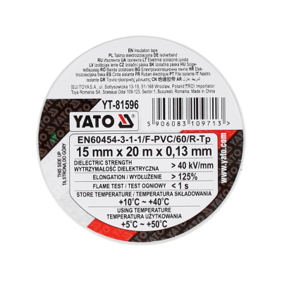 Ізоляційна стрічка Yato 15 ММ X 20 М X 0,13 ММ, біла (YT-81596)