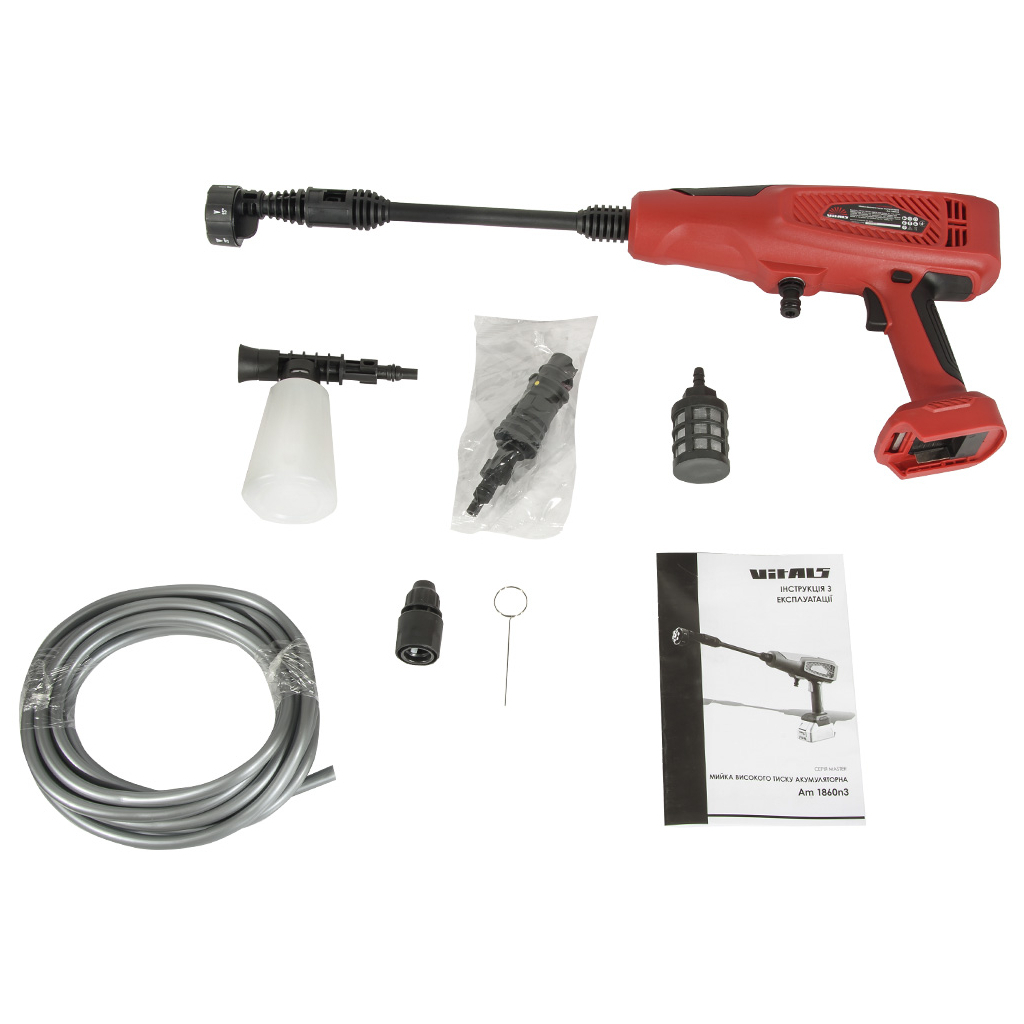 Мийка високого тиску Vitals Master Am 1860n3, акумуляторна, 350W, 18V, 60bar, 180l/год (без АКБ та ЗП) (227004) Мийка високого тиску Vitals Master Am 1860n3, акумуляторна, 350W, 18V, 60bar, 180l/год (без АКБ та ЗП) (227004)