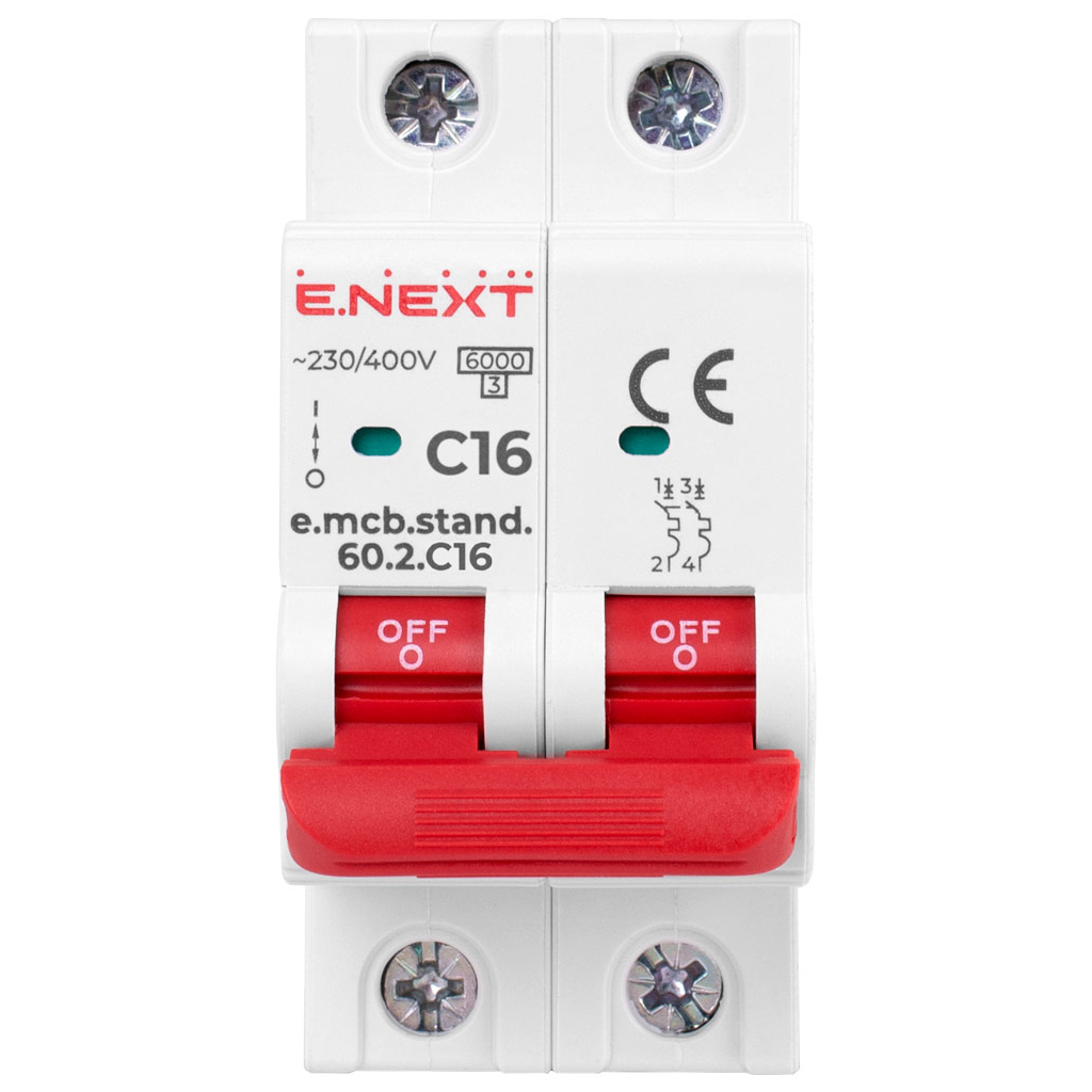 Автоматичний вимикач E.NEXT 2-п e.mcb.stand. 16А C ( 6кА) (s002117)