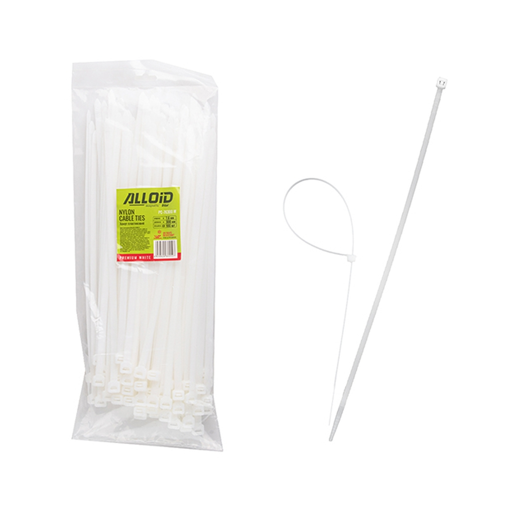 Стяжка Alloid 7.6х300мм, пластик, 100шт./уп., білий (PC-76300W) Стяжка Alloid 7.6х300мм, пластик, 100шт./уп., білий (PC-76300W)