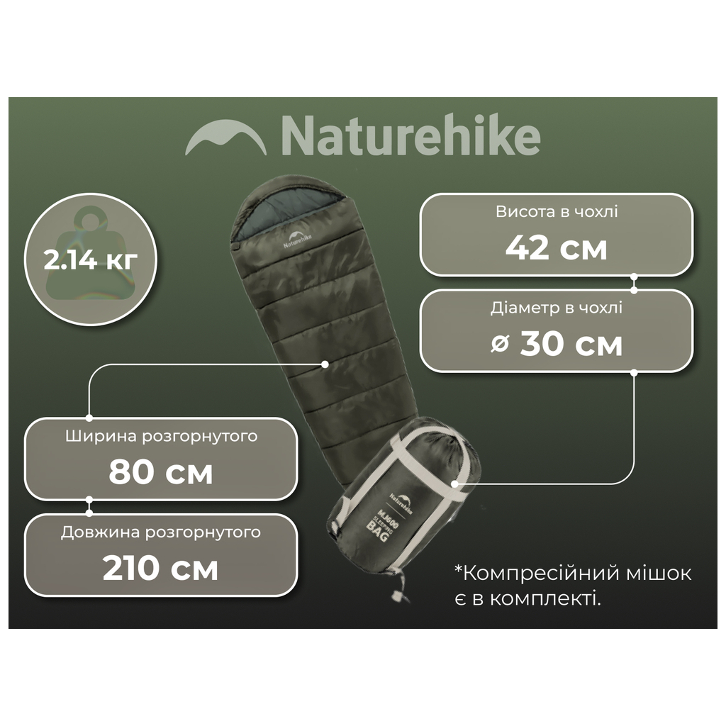 Спальний мішок Naturehike CNK2300SD014 MJ600 Січ, зелений (6979850308526)