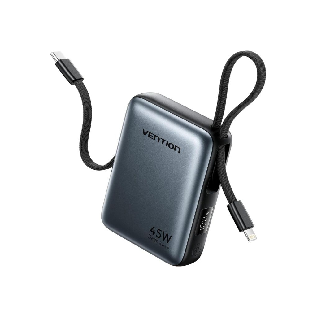 Батарея універсальна Vention 10000mAh 45W PD, QC/3.0, with Built-in USB-C and Lightning Cables, Gray (FKMH0)