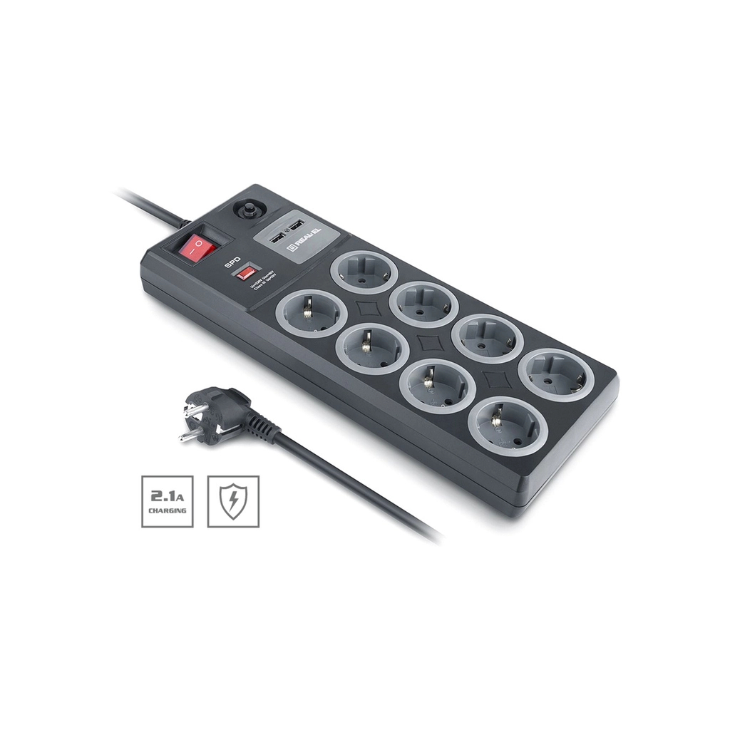 Мережевий фільтр живлення REAL-EL RS-8F USB CHARGE 3m, black (EL122300004)