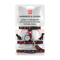 Шлея для котів WAUDOG Nylon з QR-паспортом "Графіті" з повідцем пластиковий фастекс XS (5495)