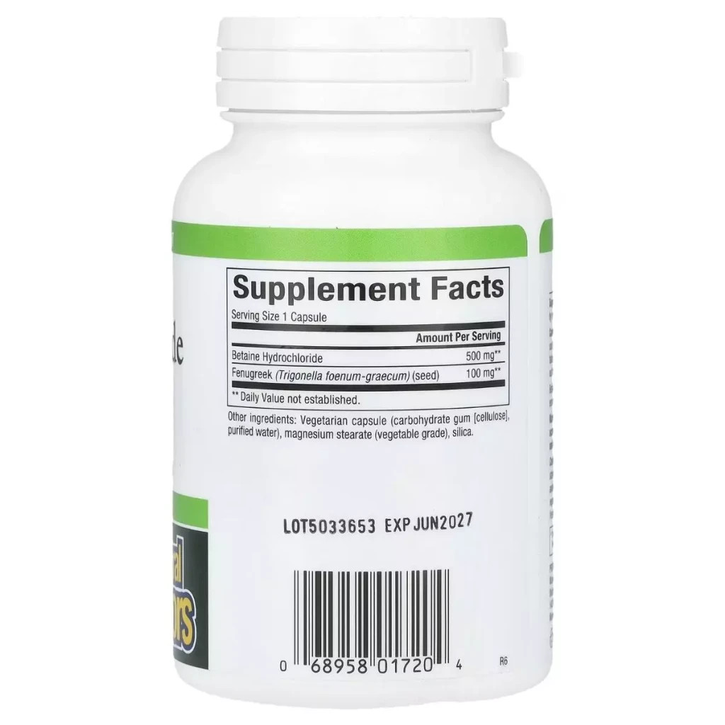 Вітамінно-мінеральний комплекс Natural Factors Бетаїн гідрохлорид та пажитник, 500 мг, Betaine Hydrochloride with Fenugr (NFS-01720)