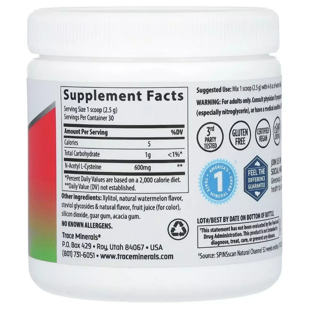 Амінокислота Trace Minerals NAC N-ацетил L-цистеїн, 600 мг, смак кавуна, NAC Powder, 75 гр (TMR-00670)