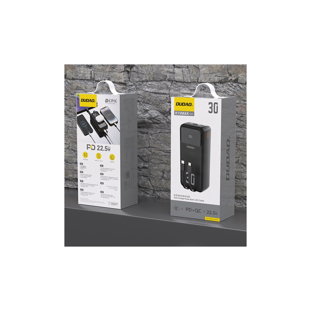 Повербанк Dudao 30000mAh K15 MAX 22.5W, PD, QC, USB-A, Lightning, USB-C(In/Out), with USB-C/Lightning cables (6977196682478)