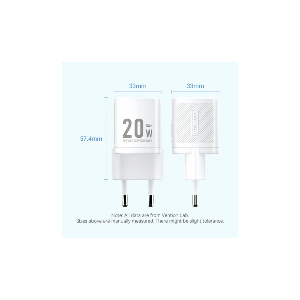 Зарядний пристрій Vention 1xUSB-C PD20W GaN + cable USB-C to USB-C white (TZ-FEPW0-EU-01)