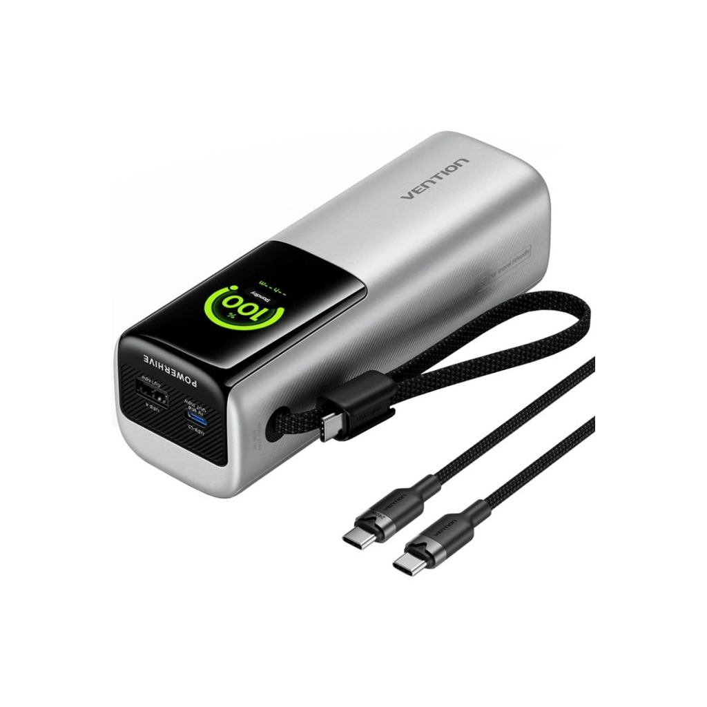 Батарея універсальна Vention 20000mAh 165W PD/3.1, with Built-in USB-C cable, TFT Display, Silver (FKFI0)