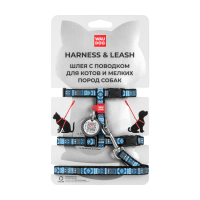 Шлея для котів WAUDOG Nylon з QR-паспортом "Етно синій" з повідцем пластиковий фастекс XS (5480)
