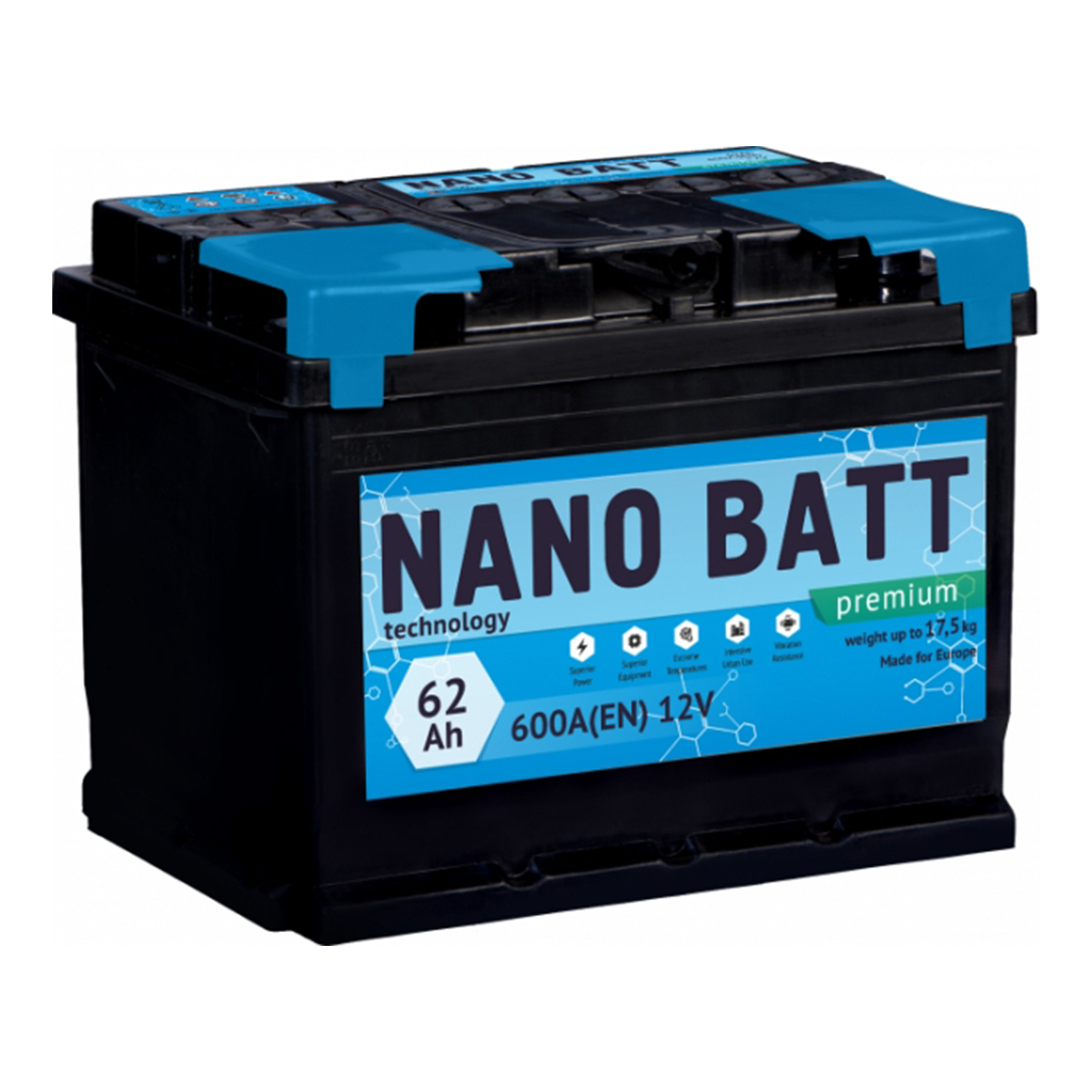 Акумулятор автомобільний NANO BATT Premium 62A +лів (1) 600А Акумулятор автомобільний NANO BATT Premium 62A +лів (1) 600А