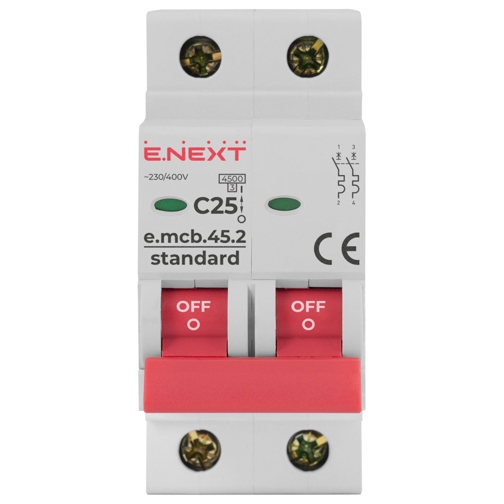 Автоматичний вимикач E.NEXT 2-п e.mcb.stand. 25А C ( 4,5кА) (s002019)