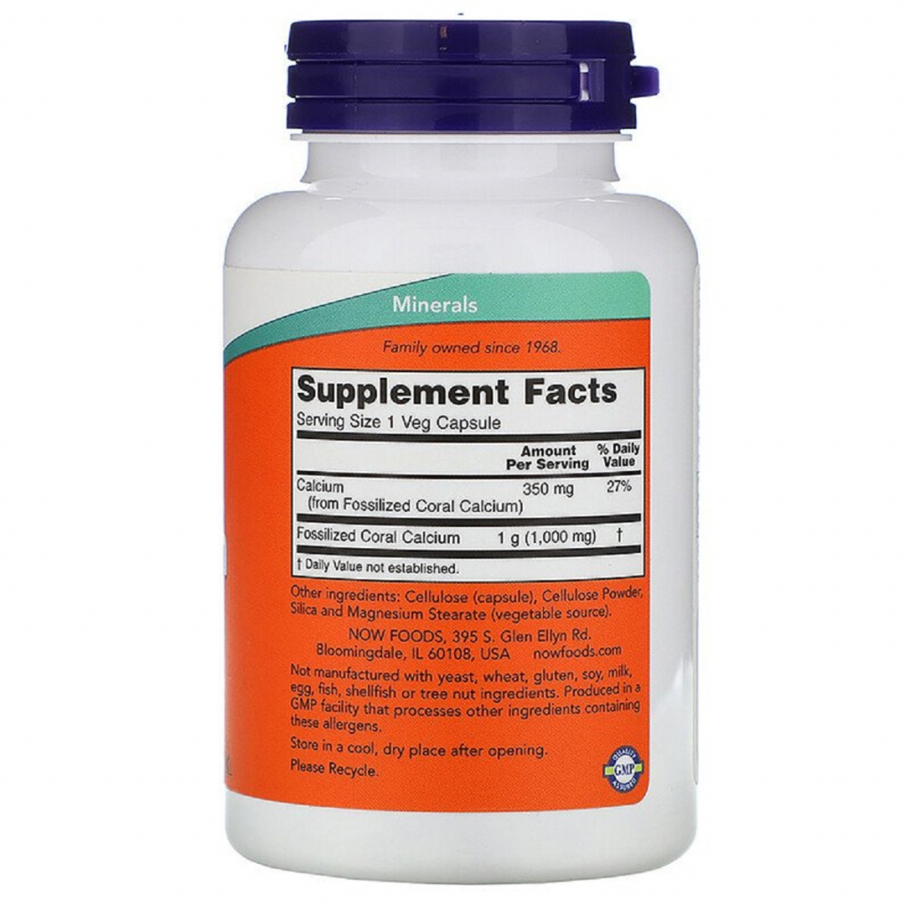 Мінерали Now Foods Кораловий Кальцій, Coral Calcium, 100 вегетаріанських капсул (NOW-01273)