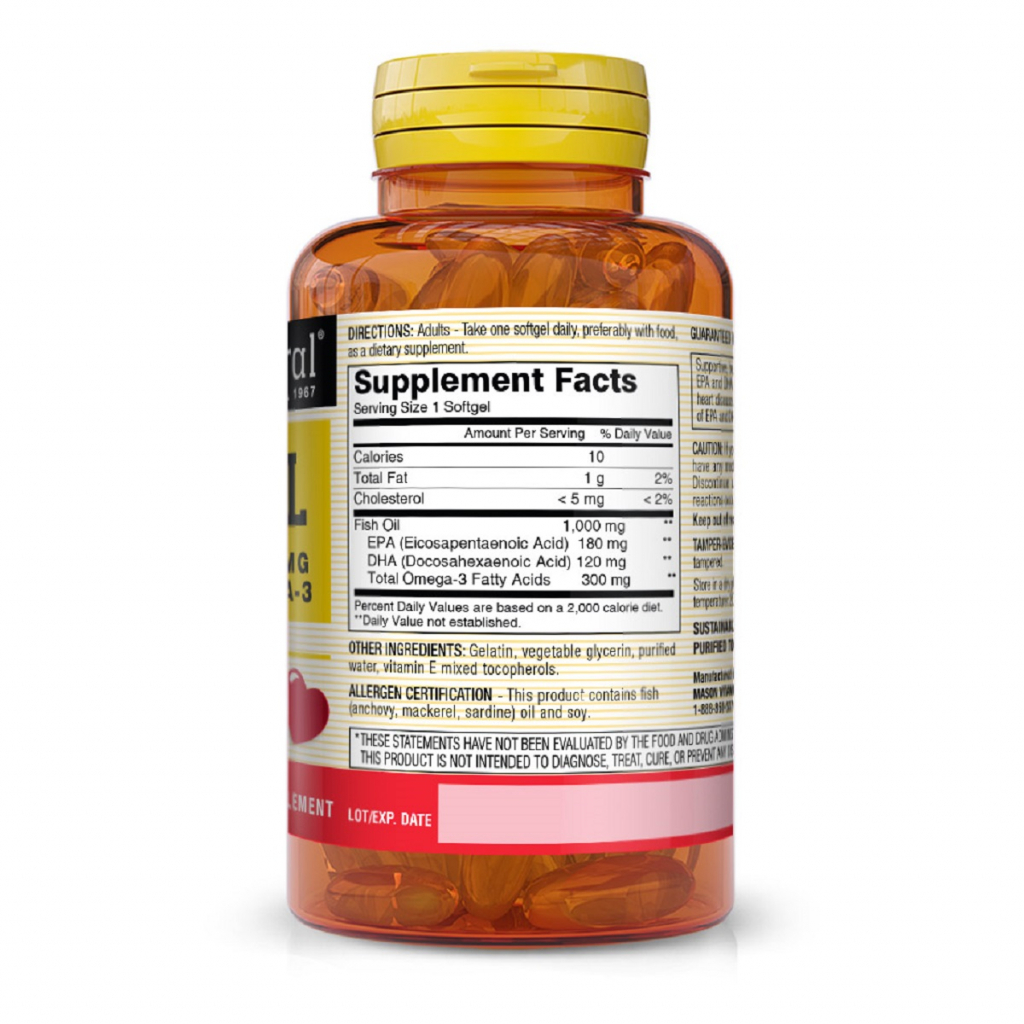 Жирні кислоти Mason Natural Риб'ячий жир з Омега-3, Omega-3 Fish Oil, 200 гелевих капсул (MAV12230)