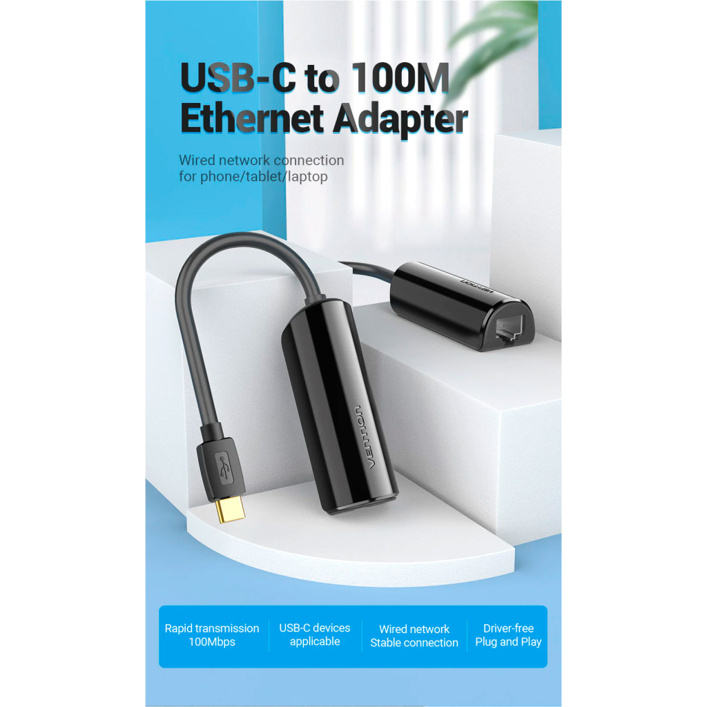 Перехідник USB3.1 Type-C to Ethernet RJ45 100 Mb Vention (CFABB)