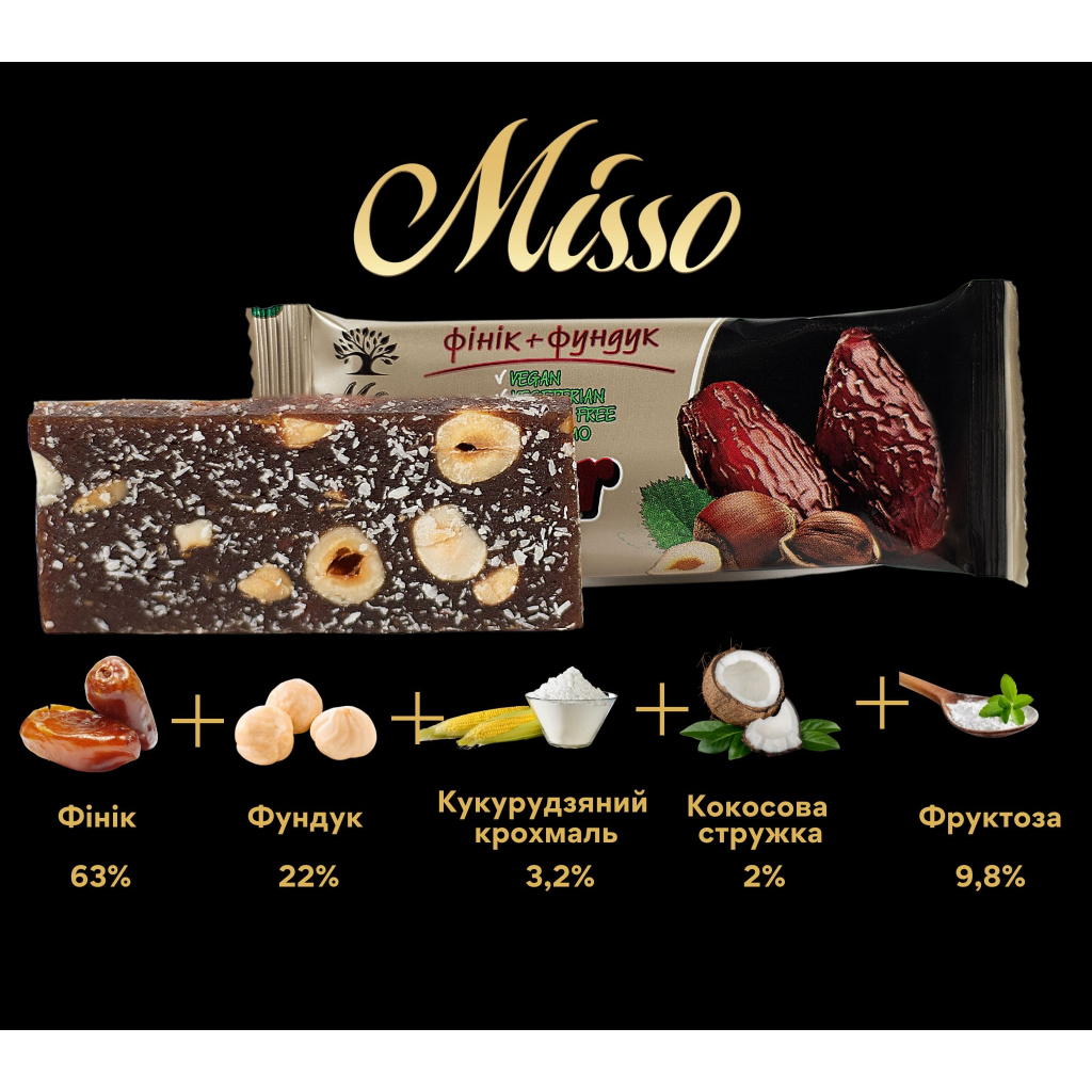 Батончик Misso Fitbar Фінік і фундук 30 г (4820232570302)