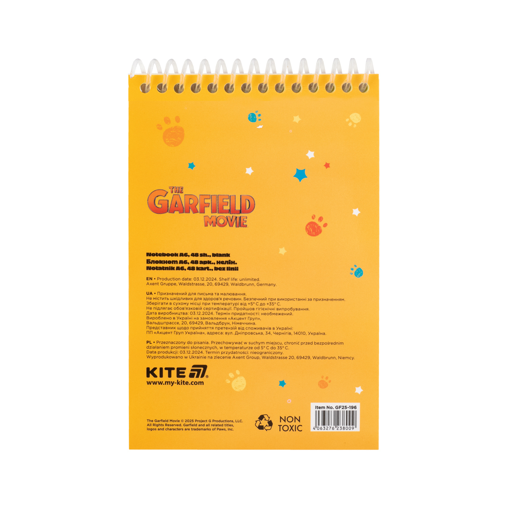 Блокнот Kite на спіралі Garfield А6, 48 аркушів, нелінований (GF25-196) Блокнот Kite на спіралі Garfield А6, 48 аркушів, нелінований (GF25-196)