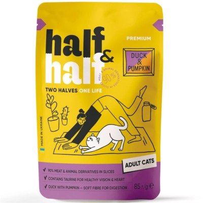 Вологий корм для кішок Half&Half з качкою та гарбузом в соусі 85 г (4820261921915)