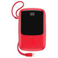 Батарея універсальна Baseus QPow 10000mAh 15W, USB-C, USB-A, out.:3A, with cable to Lightning, red (PPQD-B09)