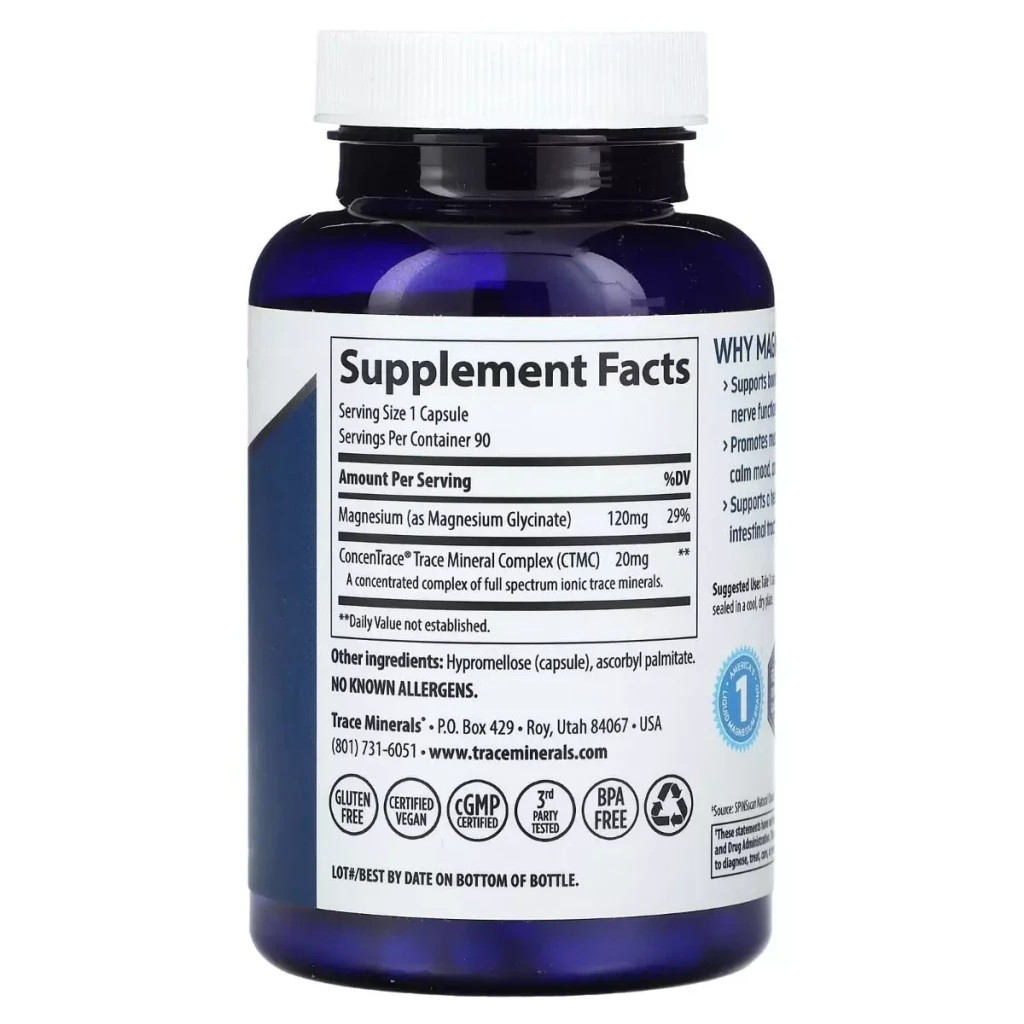Мінерали Trace Minerals Гліцинат магнію, 120 мг, Magnesium Glycinate, 90 капсул (TMR-00814)