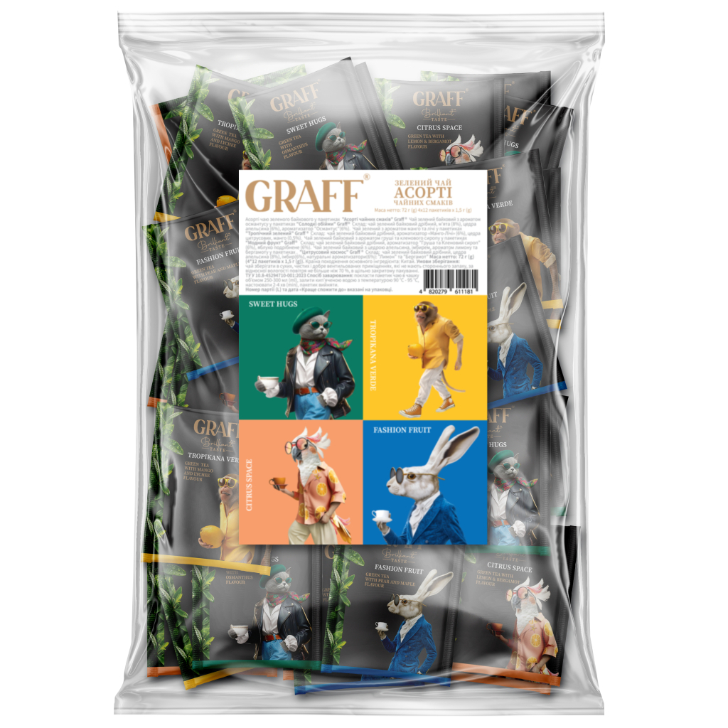 Чай Graff Assorted Tea Flavors Асорті чаю зеленого байхового 12 пакетиків x 1.5 г x 4 види (4820279611181)