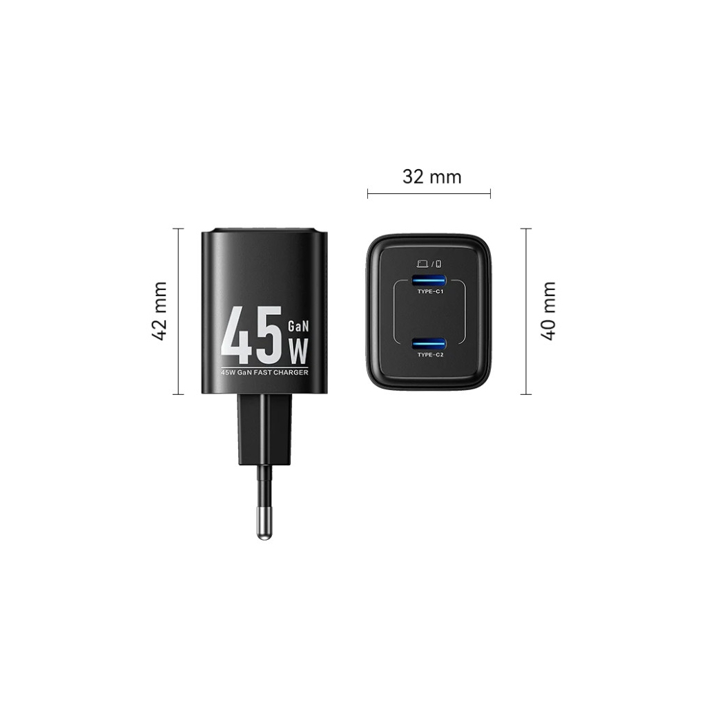 Зарядний пристрій Vention 2xUSB-C PD45W GaN black (FEFB0-EU)