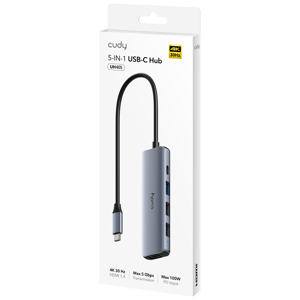 Концентратор Cudy USB-C 5-in-1 1xHDMI 4K + 1xUSB-C PD100W + 1xUSB 3.0 5Gbps + 2xUSB 2.0 (UH405) Концентратор Cudy USB-C 5-in-1 1xHDMI 4K + 1xUSB-C PD100W + 1xUSB 3.0 5Gbps + 2xUSB 2.0 (UH405)
